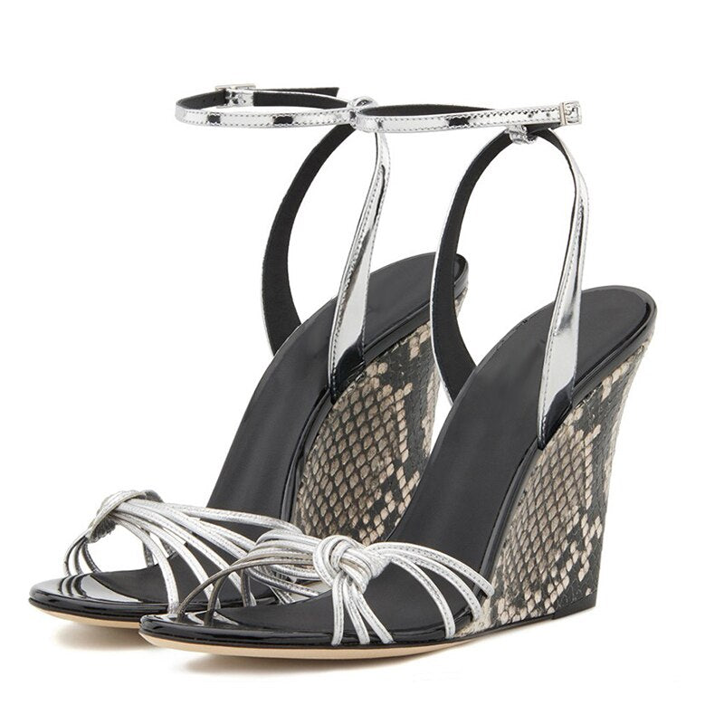 Fashion Women's Shoes Summer New Sexy Consice Buckle Snakeskin Party Shoes Wedges Sandales Big Size 41 42 43 44 45 46