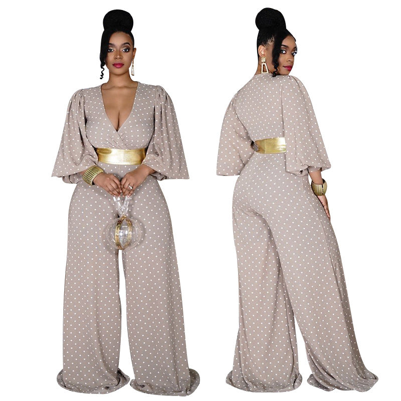 Plus Size V-neck Women Loose Wide Leg Jumpsuit Printed Waist-Controlled Trousers