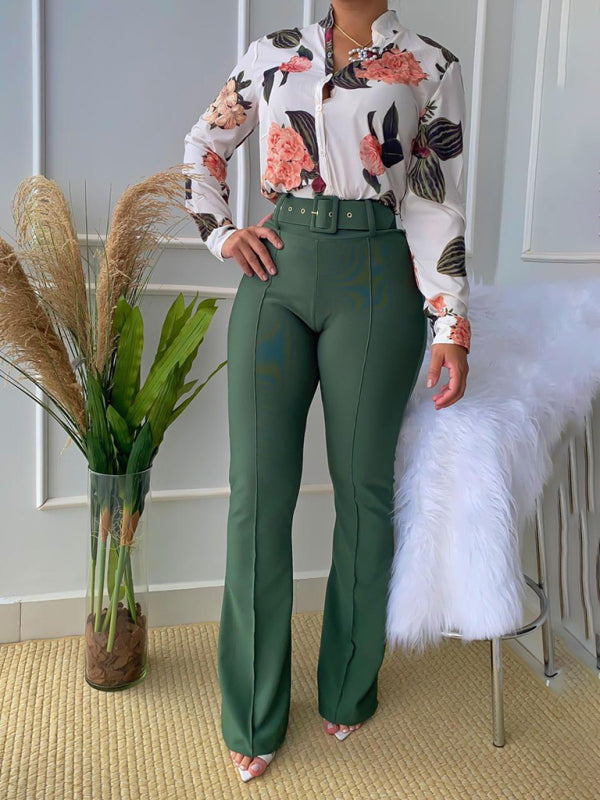 Women's Floral Print Button-front Long-sleeve Shirt With Belted Pants Set