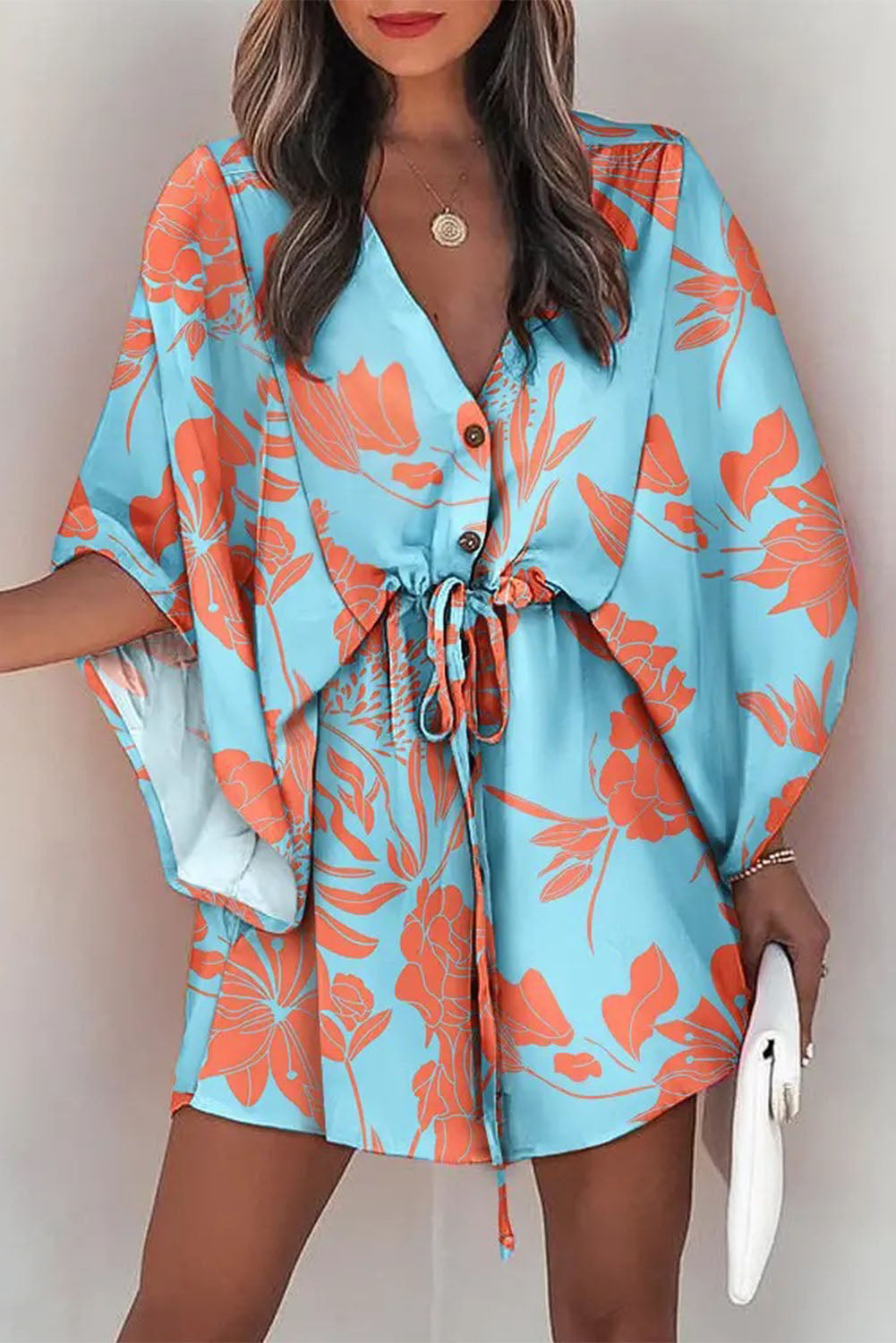 Geometric Print Button Drawstring Batwing Sleeve Dress