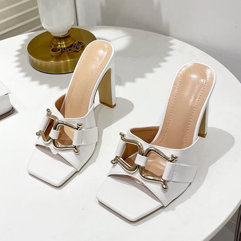 Summer New High-Heeled Women's Shoes Square Head Square Flat With Metal Buckle Thick Sandals