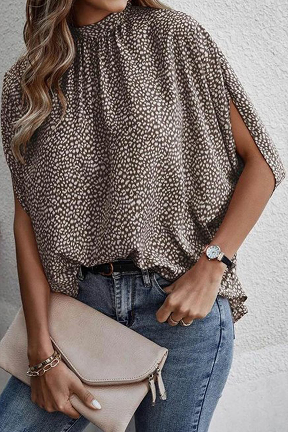 Khaki Frilled Neck 3/4 Sleeves Cheetah Blouse