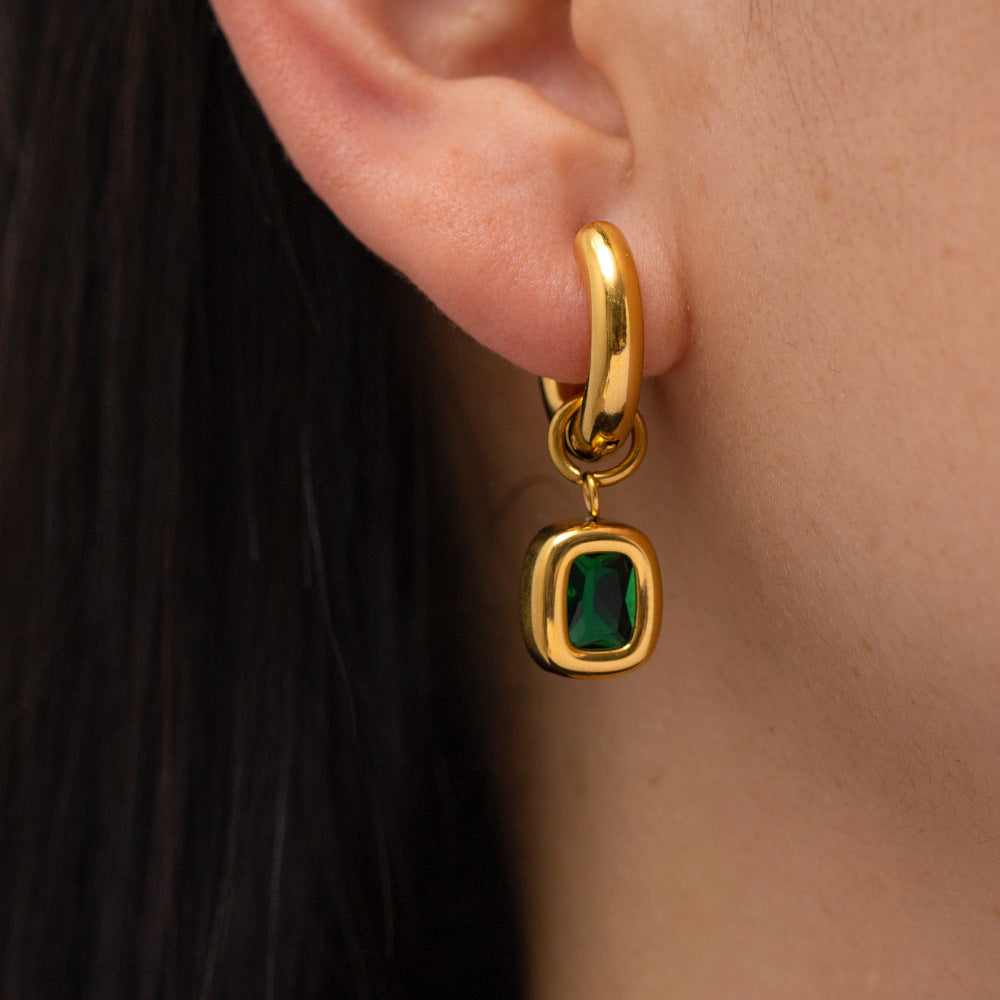 18k Gold Fashion Vintage Inlaid Green Zircon Drop Earrings