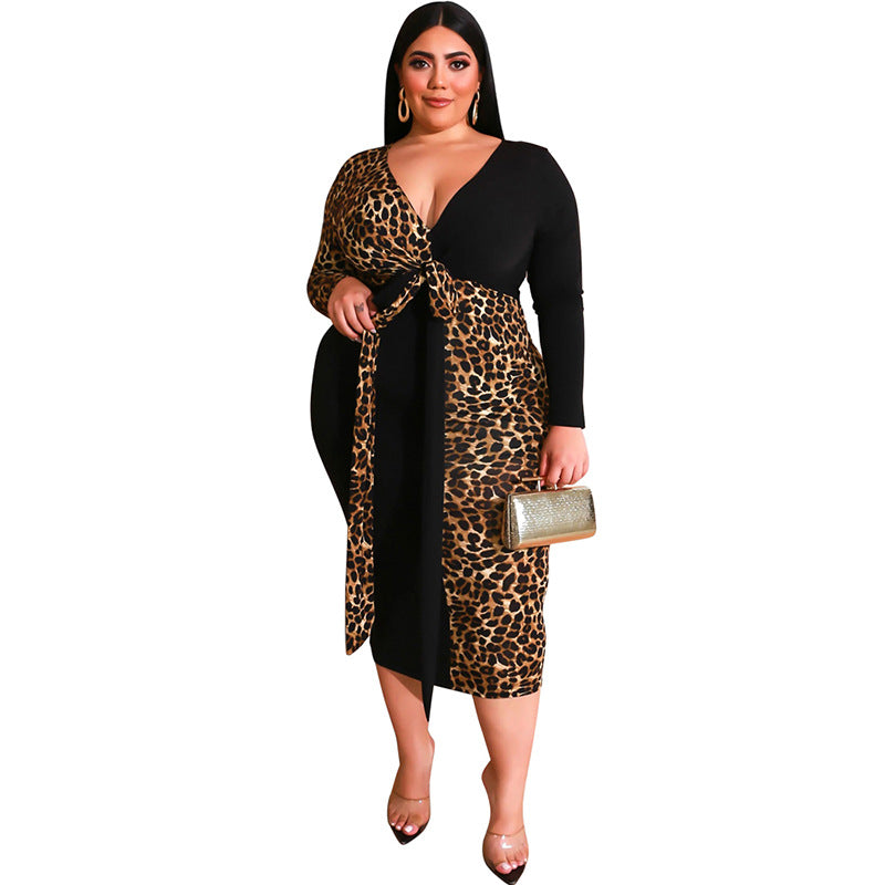 Plus Size Leopard Print Multicolor Printing Deep V Plunge Plunge Sheath Tight with Belt Long Women Dress