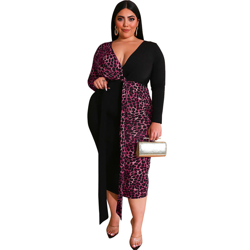 Plus Size Leopard Print Multicolor Printing Deep V Plunge Plunge Sheath Tight with Belt Long Women Dress