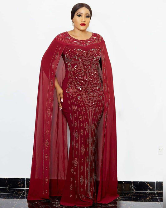 Plus Size African Dress Elegant Chiffon Long Sleeve Heavy Embroidery Drilling Bubble Beads Sheath Fishtail Stretch