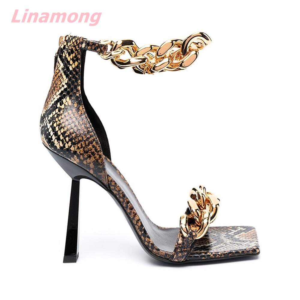 Summer Metal Chain Women Sandals Cover Heel Square Toe Genuine Leather Solid Novelty Casual Women Party Fashion Shoes