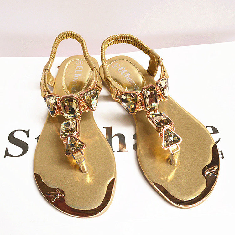 New Sandals Rhinestone Back Wrist Strap Clip-Toe Herringbone Low-Top Flat Shoes Metal Head Beach Shoes Women