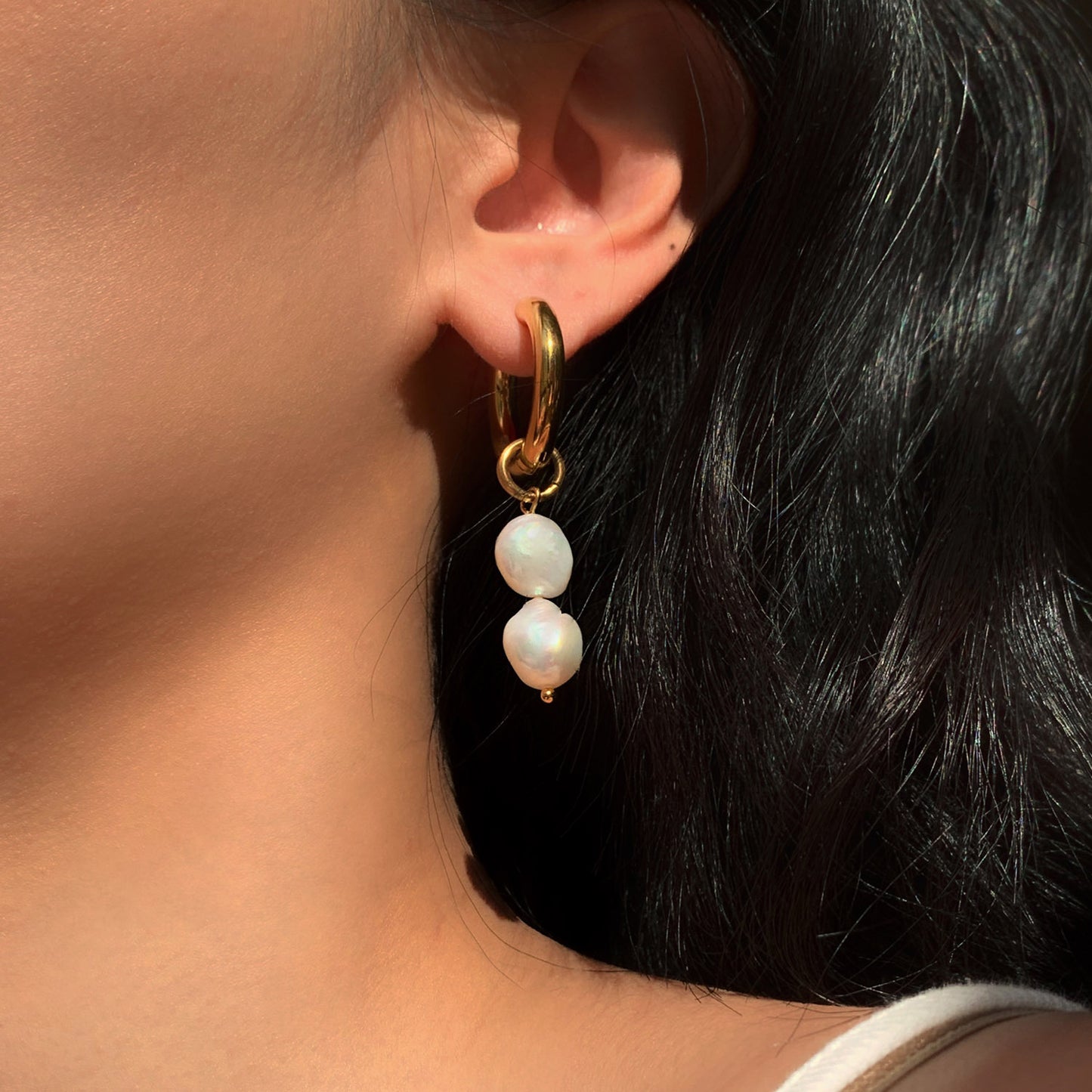 18K Gold Pearl Drop Double Earrings