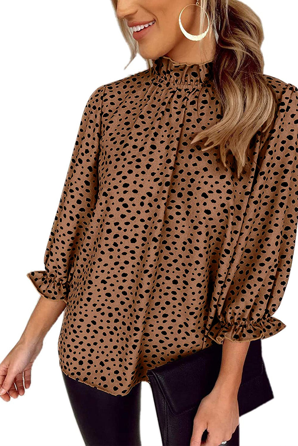 Khaki Frilled Neck 3/4 Sleeves Cheetah Blouse