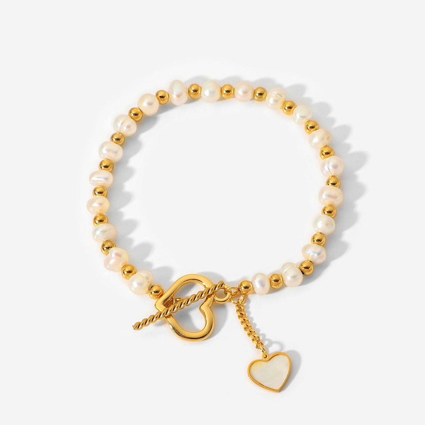 18K Gold Pearl Heart OT Buckle Bracelet