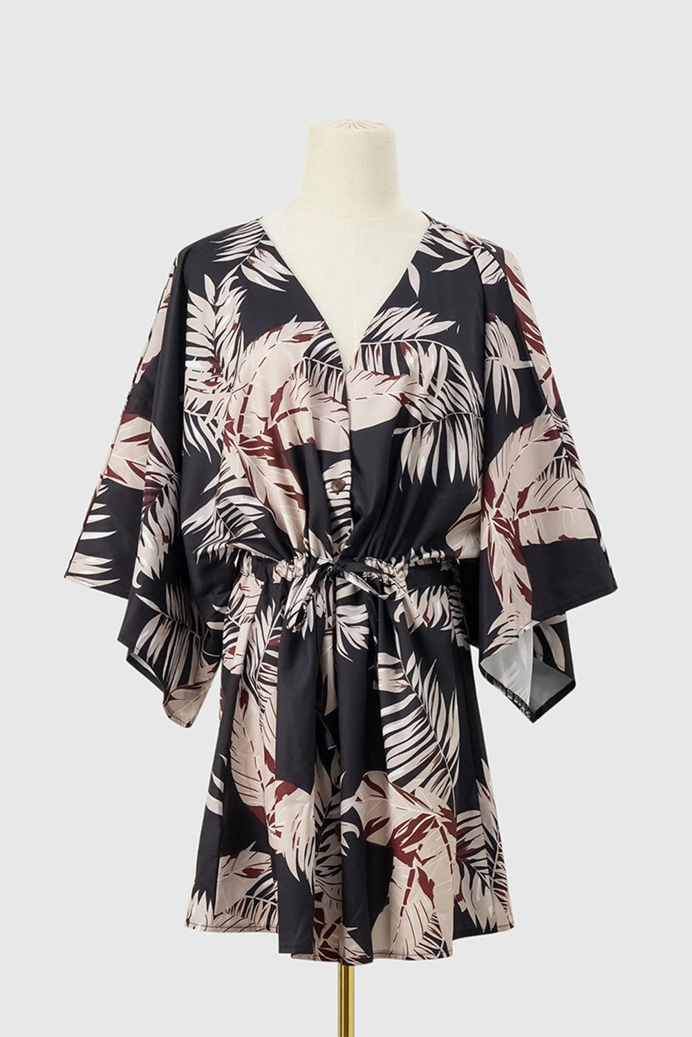 Geometric Print Button Drawstring Batwing Sleeve Dress