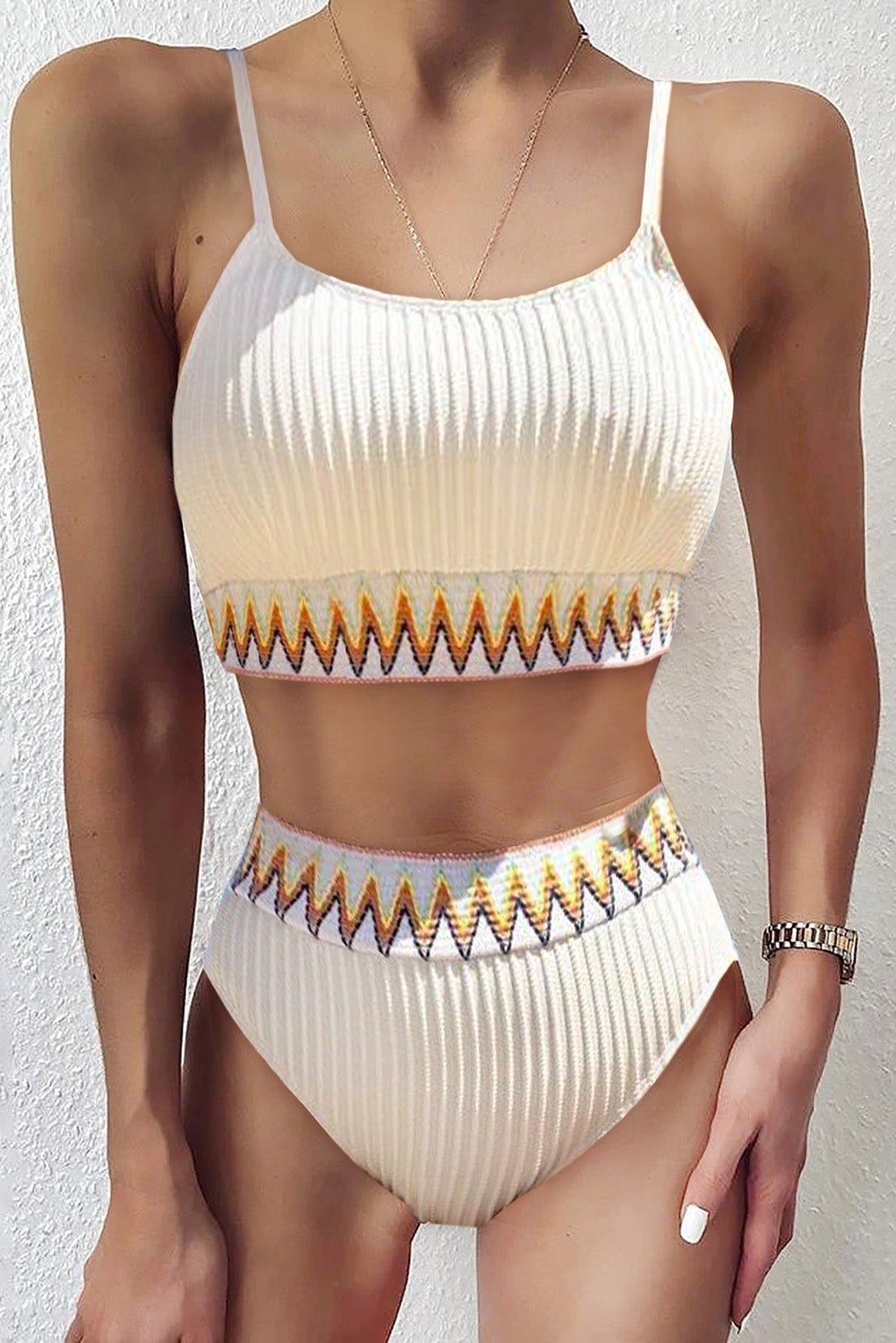 Beige Ribbed Leaf Print High Waist Bikini Set