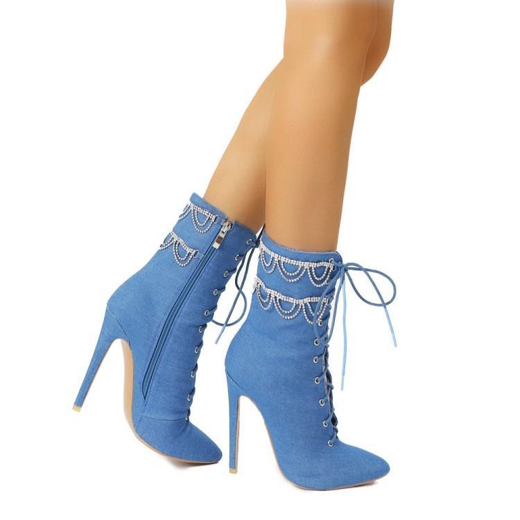 Rhinestone Chain Stiletto Pointed Toe Women's Ankle Boots