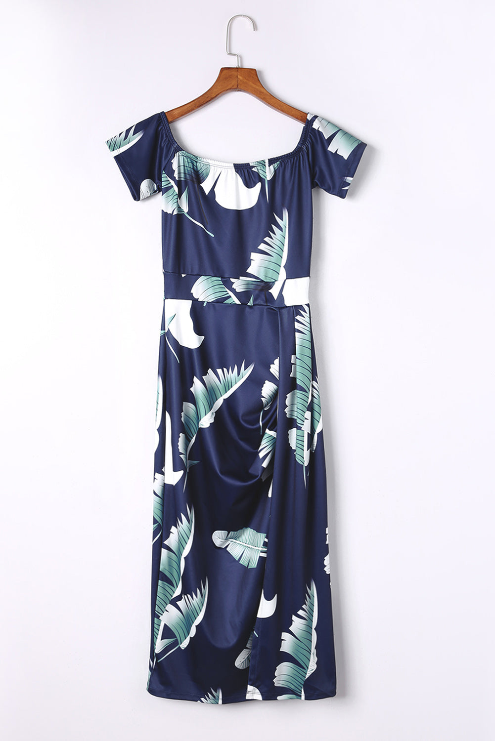 Dark Blue Floral Print Off Shoulder Slit Bodycon Midi Dress