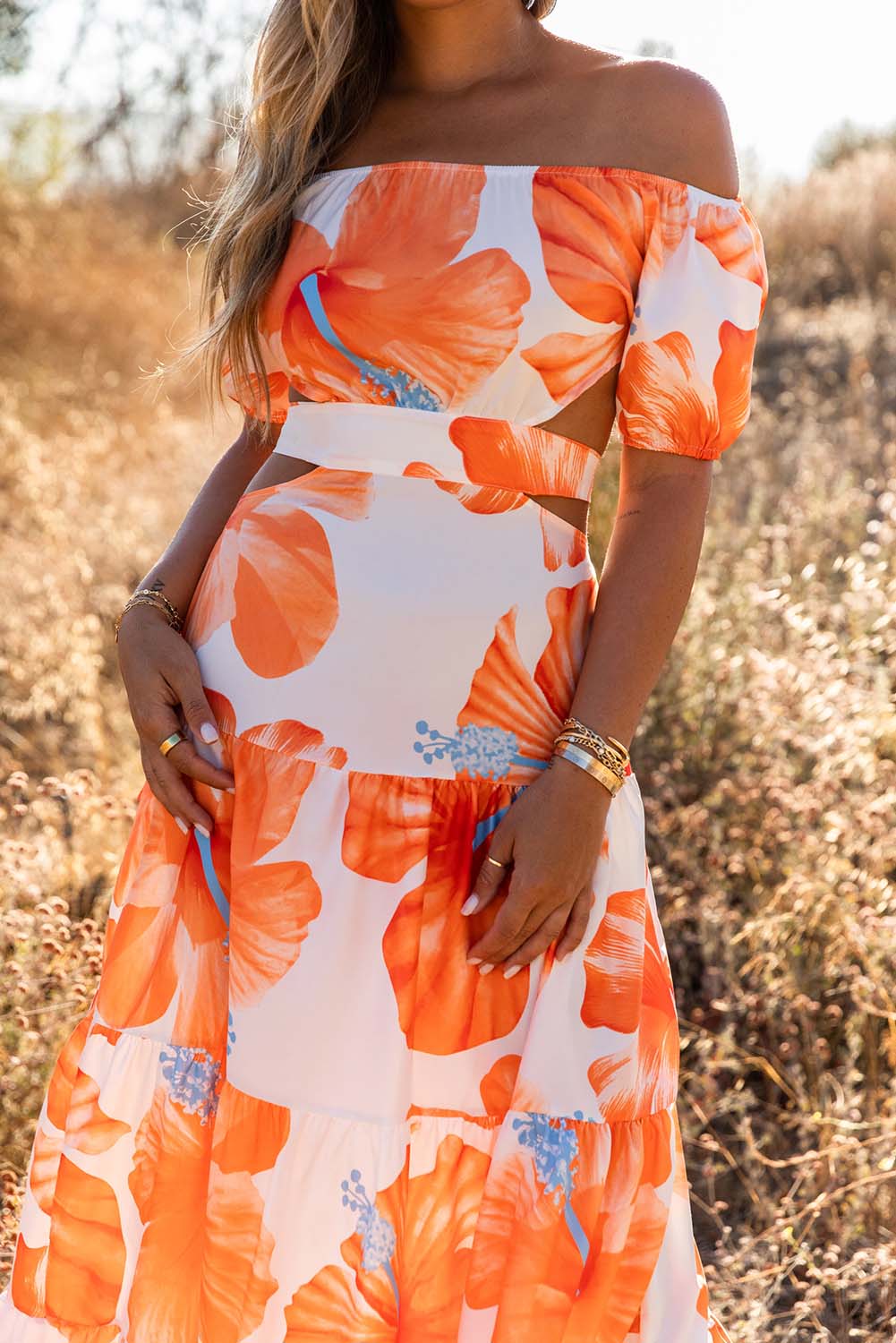 Floral Print Off Shoulder Backless Maxi Dress