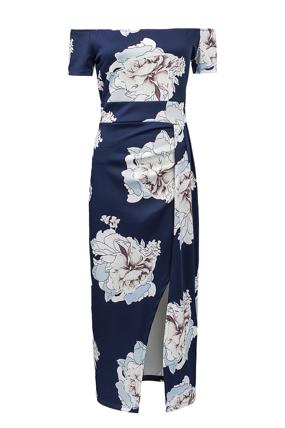 Dark Blue Floral Print Off Shoulder Slit Bodycon Midi Dress