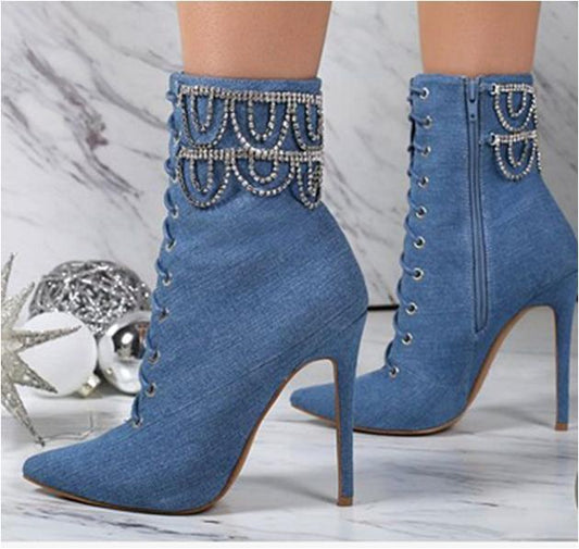 Rhinestone Chain Stiletto Pointed Toe Women's Ankle Boots