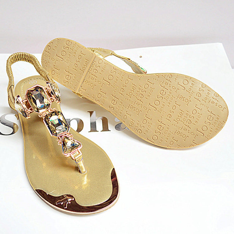 New Sandals Rhinestone Back Wrist Strap Clip-Toe Herringbone Low-Top Flat Shoes Metal Head Beach Shoes Women