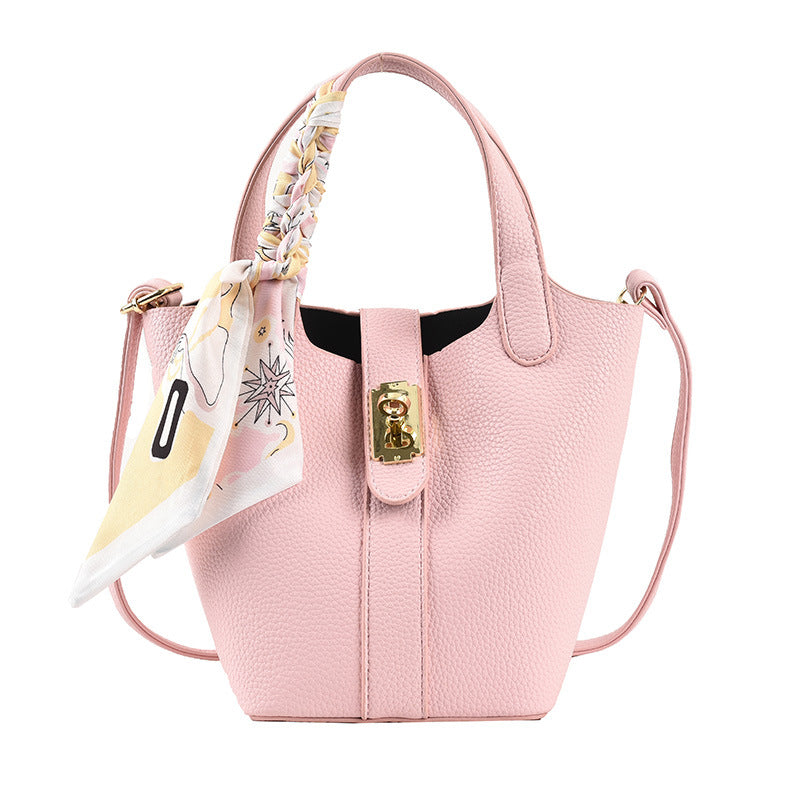 Women's Bag New Lychee Pattern Shoulder Bag Silk Scarf Shoulder Bag Female Small Fresh Messenger Bag Lock Buckle Bucket Bag