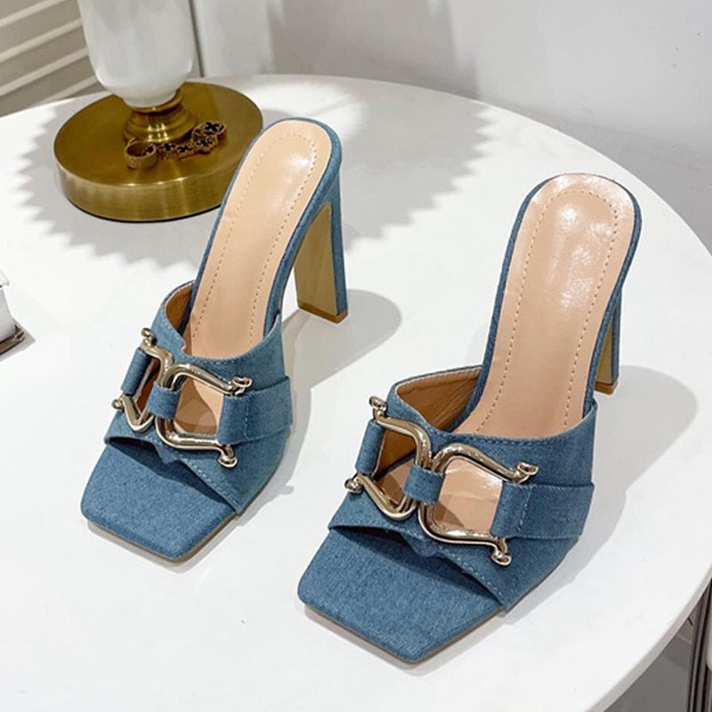 Summer New High-Heeled Women's Shoes Square Head Square Flat With Metal Buckle Thick Sandals