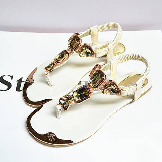 New Sandals Rhinestone Back Wrist Strap Clip-Toe Herringbone Low-Top Flat Shoes Metal Head Beach Shoes Women