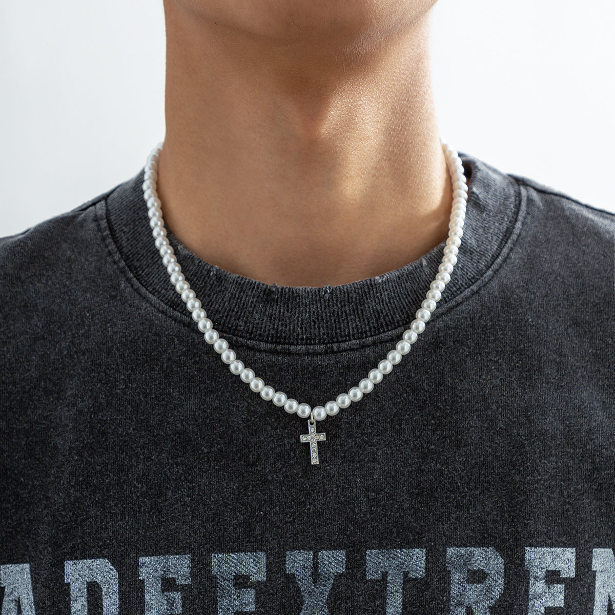 Fashionable simple hip-hop style diamond cross with pearl pendant necklace