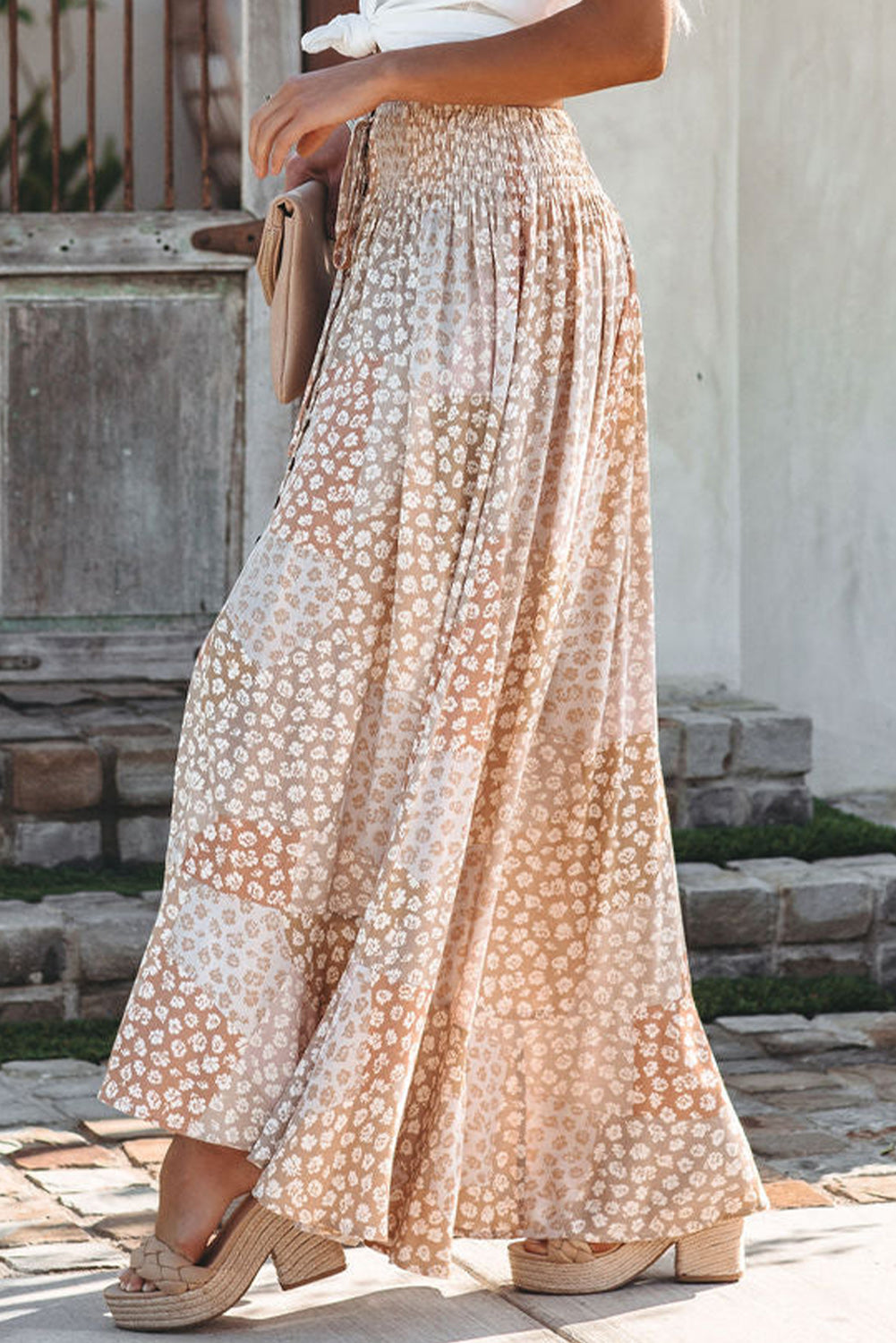 Boho Flower Print Smocked Waist Button Slit Maxi Skirt