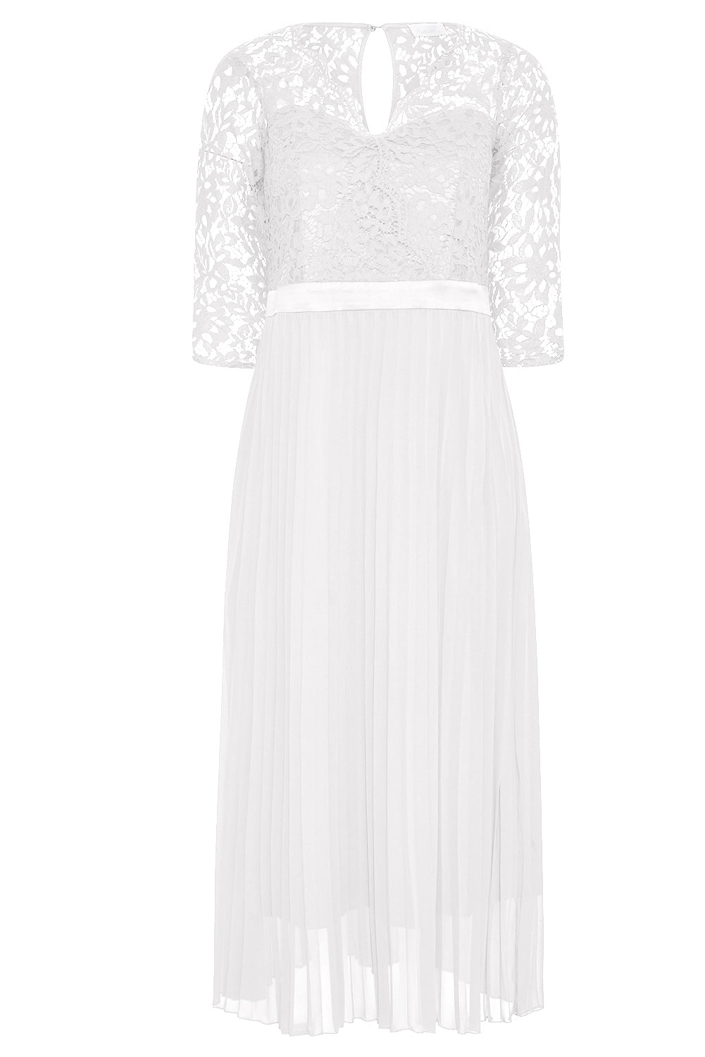 Lace Scalloped V Neck 3/4 Sleeves Pleated Tulle Plus Maxi Dress