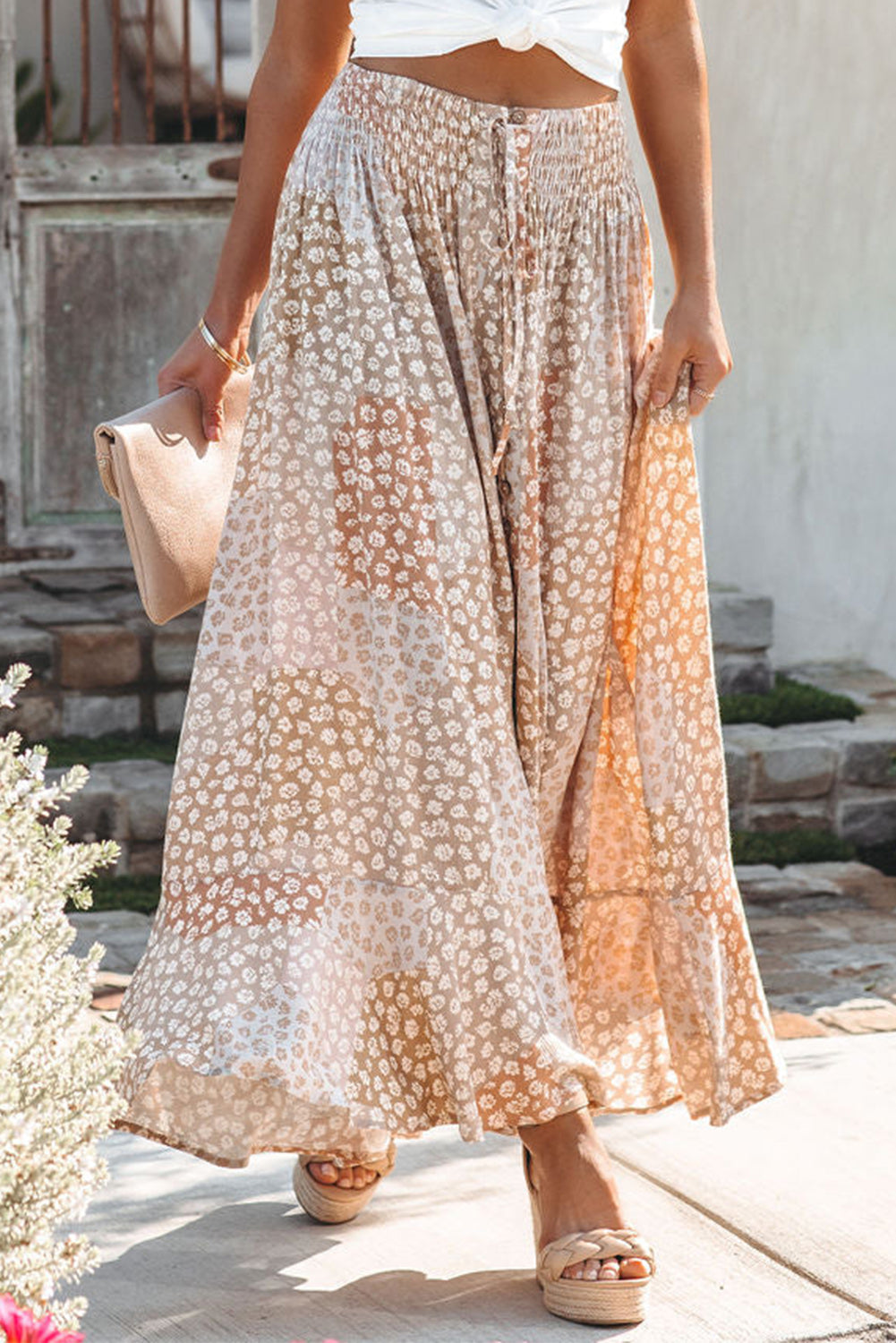 Boho Flower Print Smocked Waist Button Slit Maxi Skirt