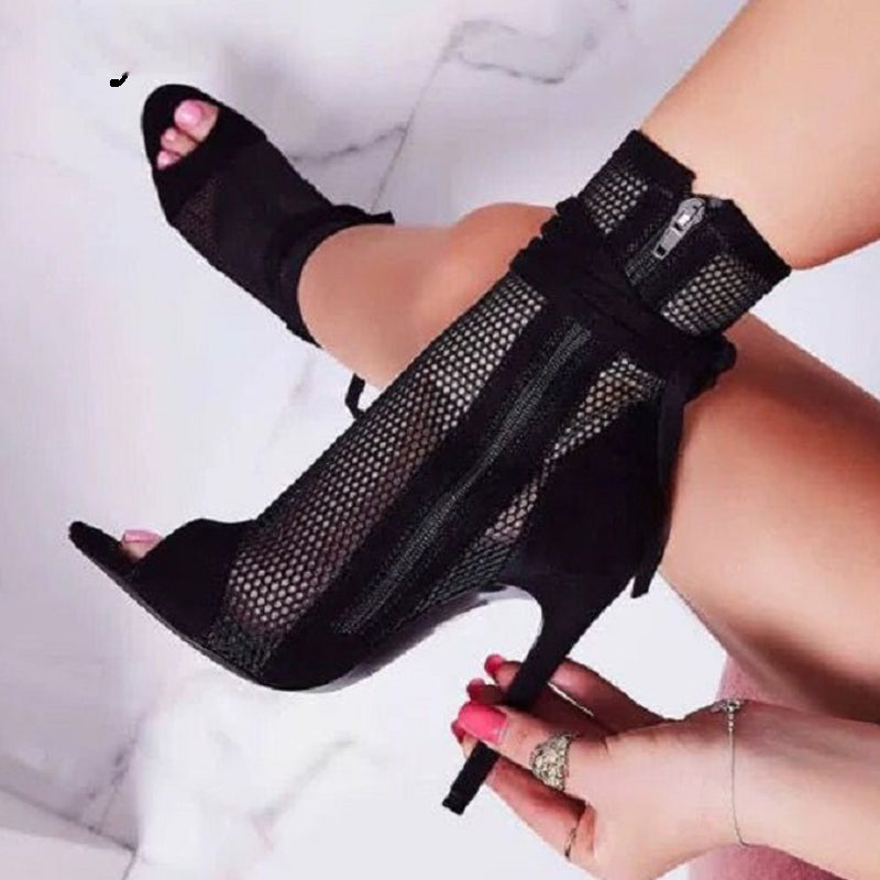 New Sexy Mesh Hollow Fish Mouth Sandals Hollow Mesh Fish Mouth Cool Boots Nightclub Lace Roman Sandals