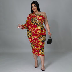 Plus Size Women Clothes Sexy Hollow Out Cutout One-Shoulder Long Sleeve Printed Dress Fishtail Skirt