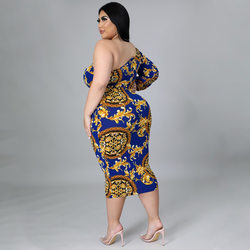 Plus Size Women Clothes Sexy Hollow Out Cutout One-Shoulder Long Sleeve Printed Dress Fishtail Skirt