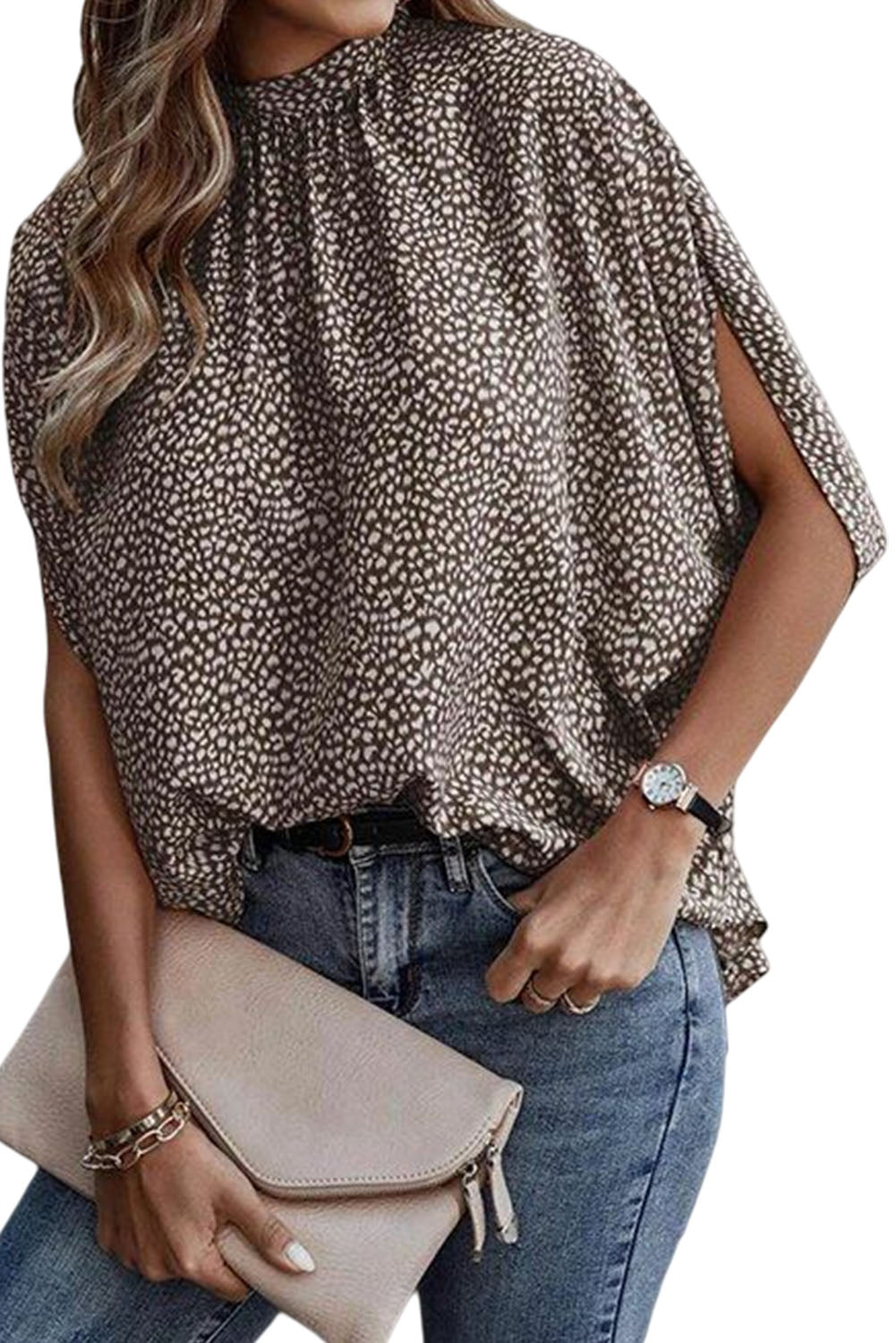 Khaki Frilled Neck 3/4 Sleeves Cheetah Blouse