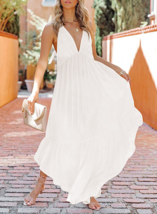 Halter Neck Deep V Backless Asymmetric Maxi Dress