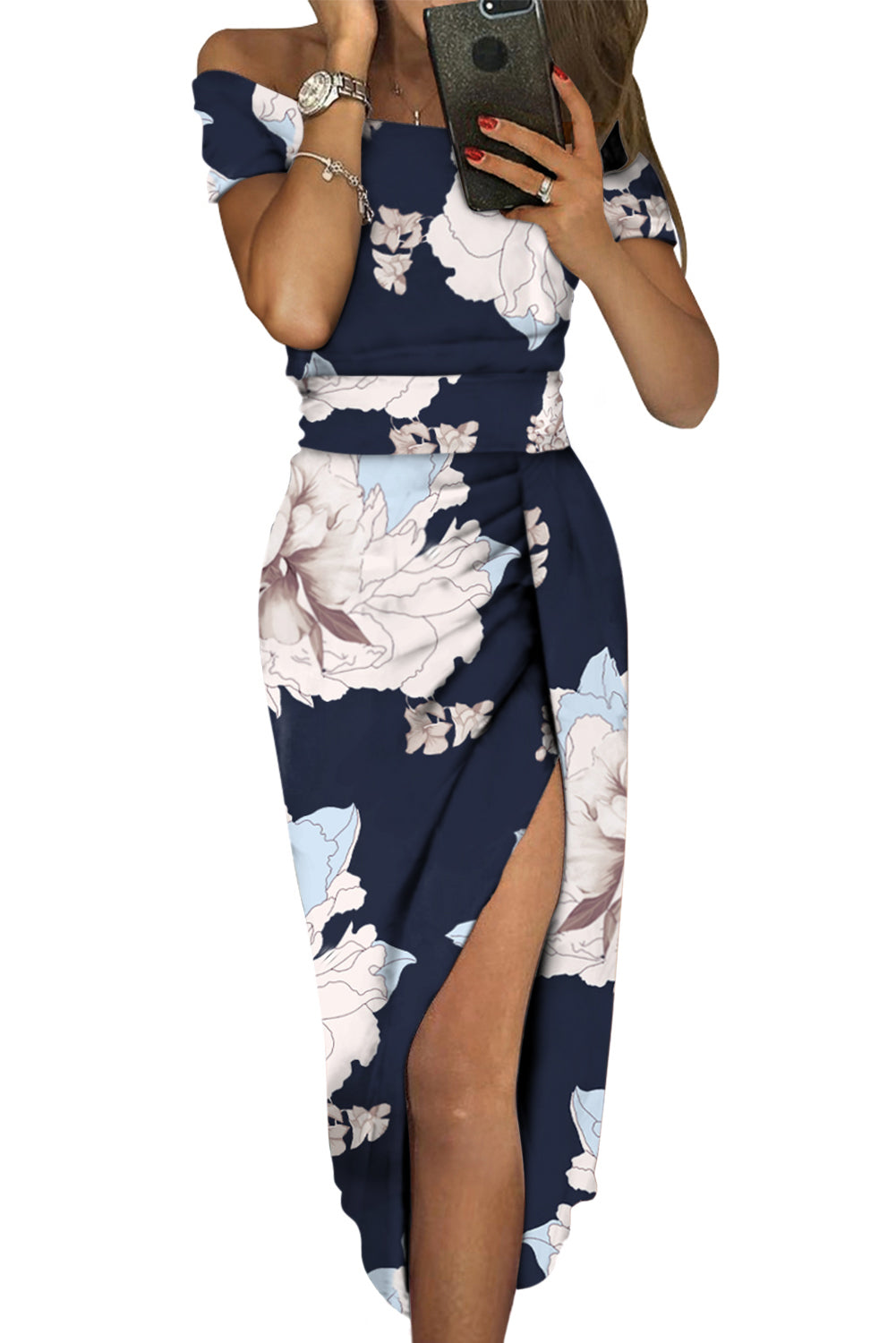 Dark Blue Floral Print Off Shoulder Slit Bodycon Midi Dress