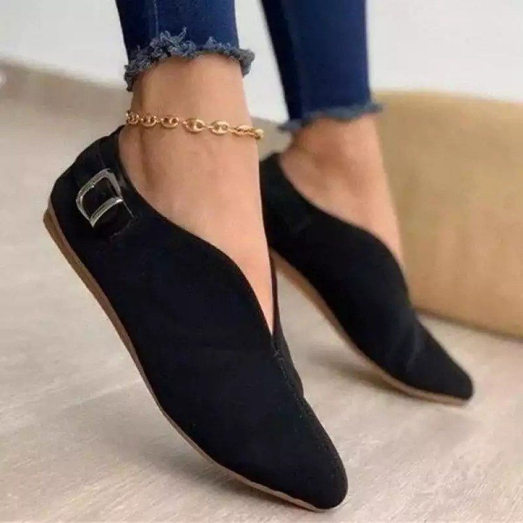 Large Size Spring And Autumn New Style Pointed Toe Suede Low-Top Set Feet Casual Buckle Women's Single Shoes