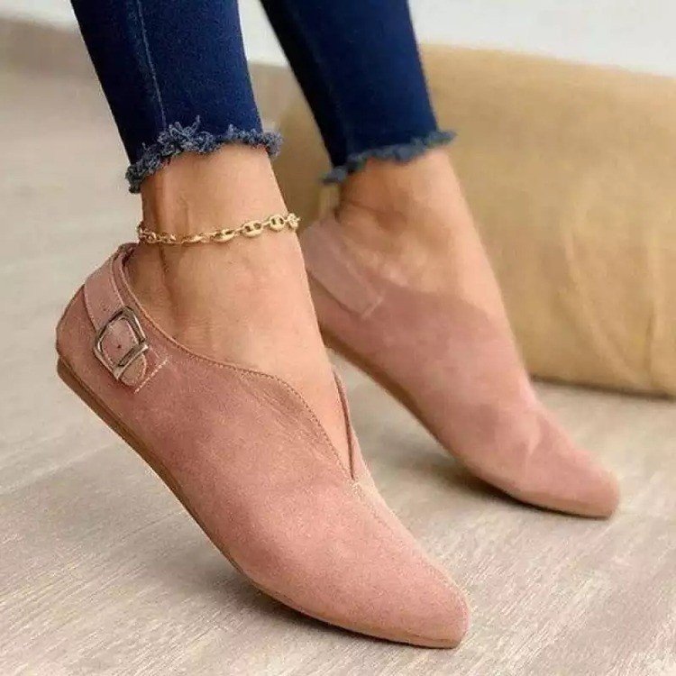 Large Size Spring And Autumn New Style Pointed Toe Suede Low-Top Set Feet Casual Buckle Women's Single Shoes