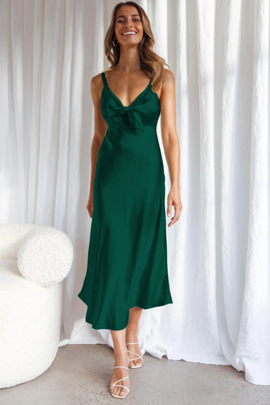 Women's Solid Satin Knotted Strap Midi Dress