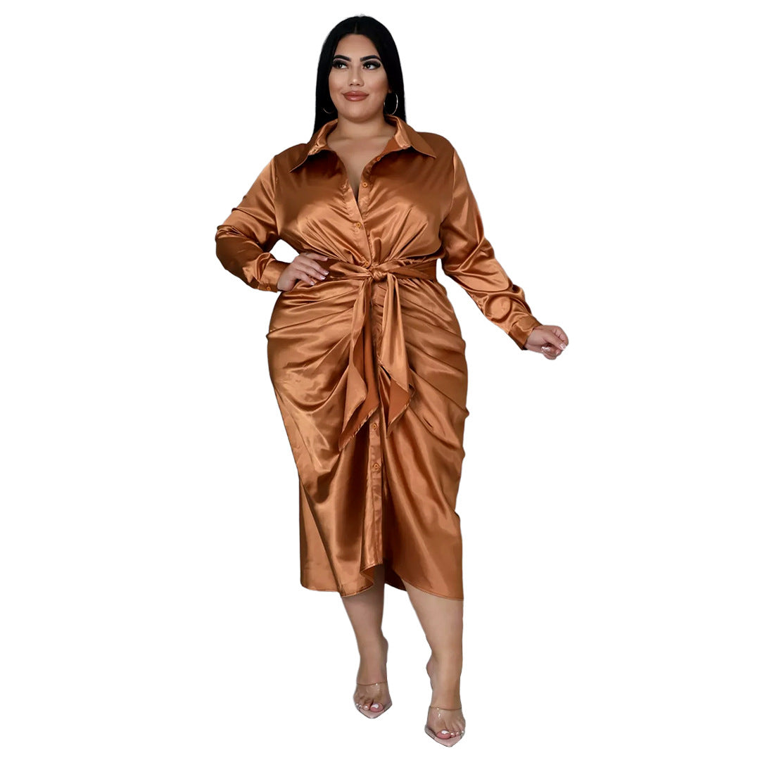 Plus Size Nightclub Uniforms Reflective Silk Pleated Lace-up Shirt Dress