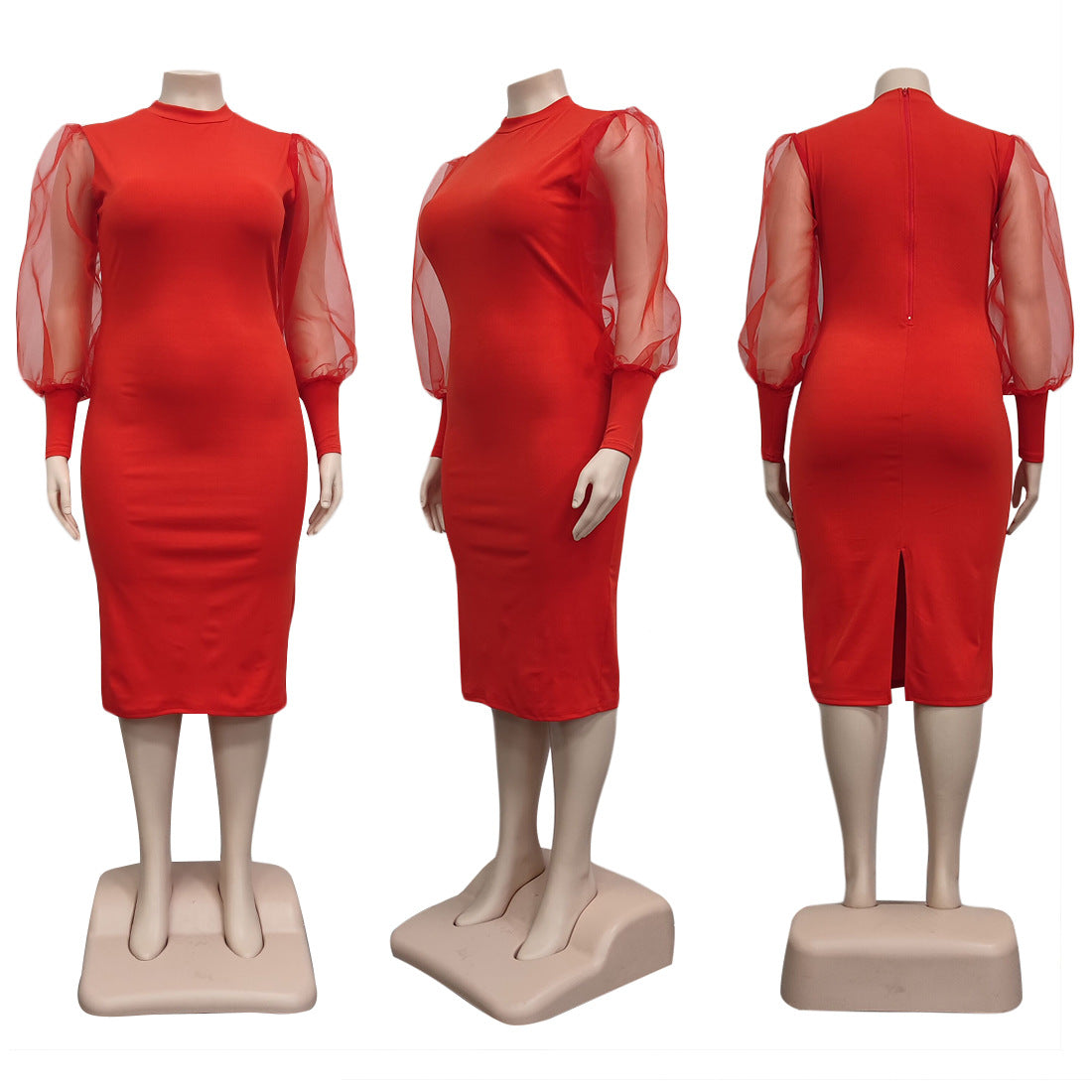 Plus Size Women Clothes Mesh See Through Lantern Sleeve Dress Sheath Colors