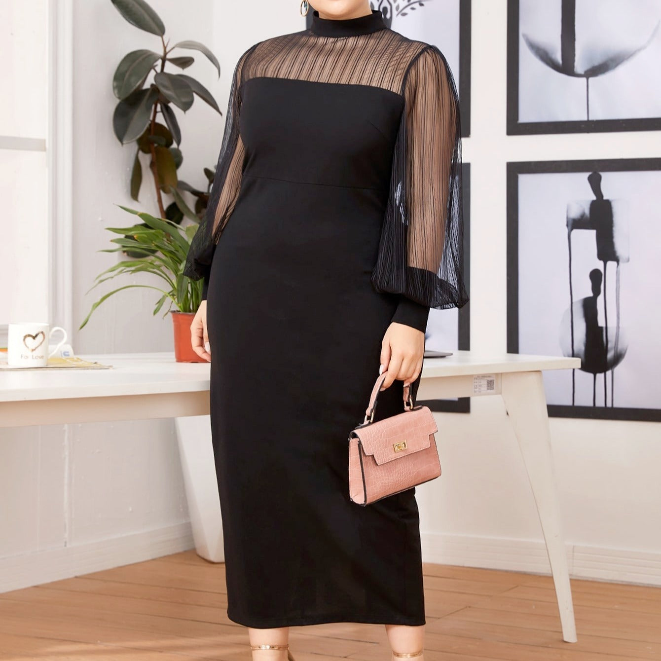 Plus Size Women Office Office Mesh Stitching Half Turtleneck See-through Sheath Maxi Dress