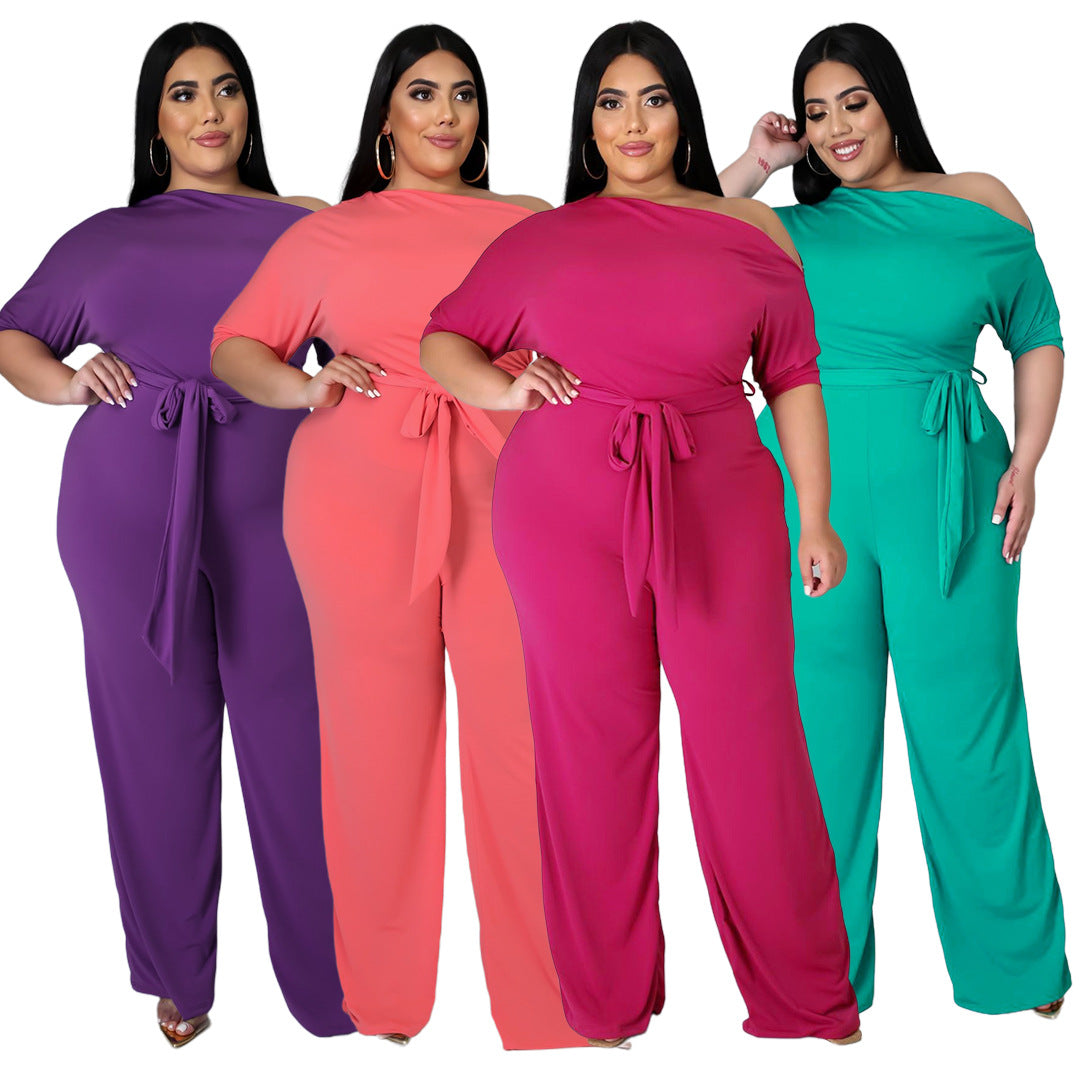 Plus Size Women Solid Color Lace-up Oblique Shoulder Horn Jumpsuit