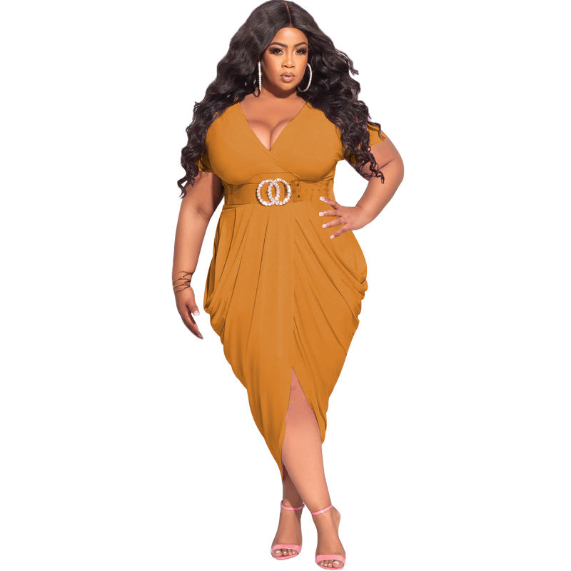 Plus Size Solid Color Deep V Plunge Plunge Sexy Tight Split Long Women Dress