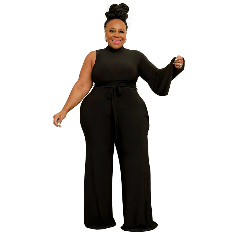 Plus Size Women Solid Color Lace-up Oblique Shoulder Bell Sleeve Jumpsuit