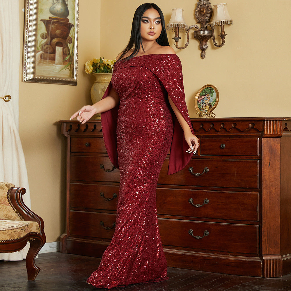 Plus Size Women Clothing Long Sleeve off Shoulder Long Cocktail Sequined Bridesmaid Dress Evening Dress Women