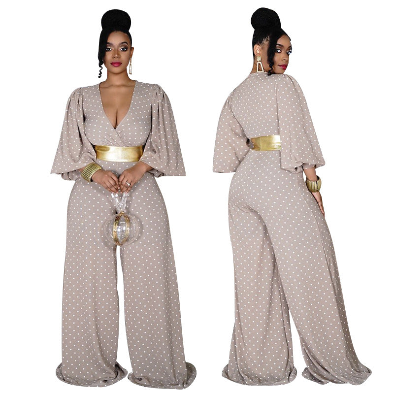 Plus Size V-neck Women Loose  Wide Leg Jumpsuit Printed Waist-Controlled Trousers
