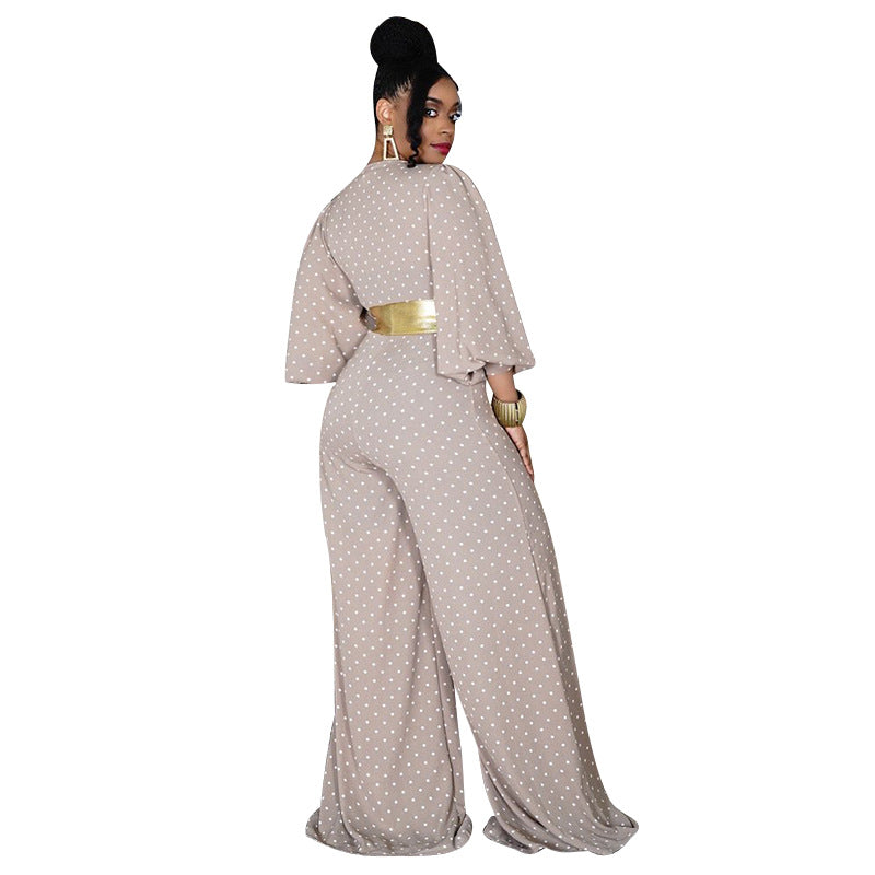 Plus Size V-neck Women Loose  Wide Leg Jumpsuit Printed Waist-Controlled Trousers