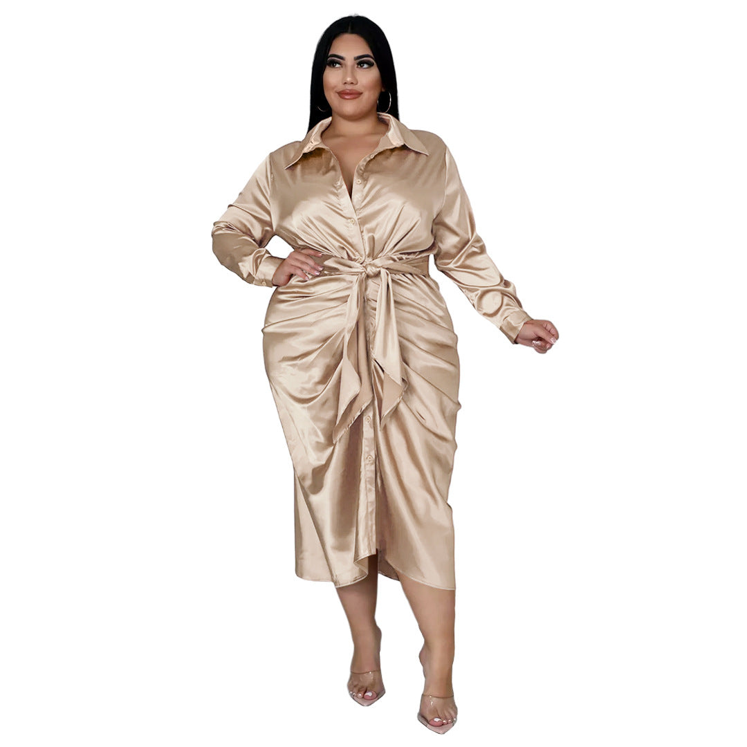 Plus Size Nightclub Uniforms Reflective Silk Pleated Lace-up Shirt Dress