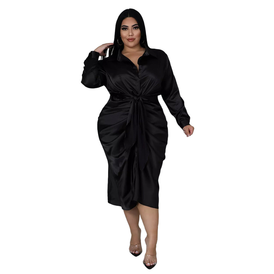 Plus Size Nightclub Uniforms Reflective Silk Pleated Lace-up Shirt Dress